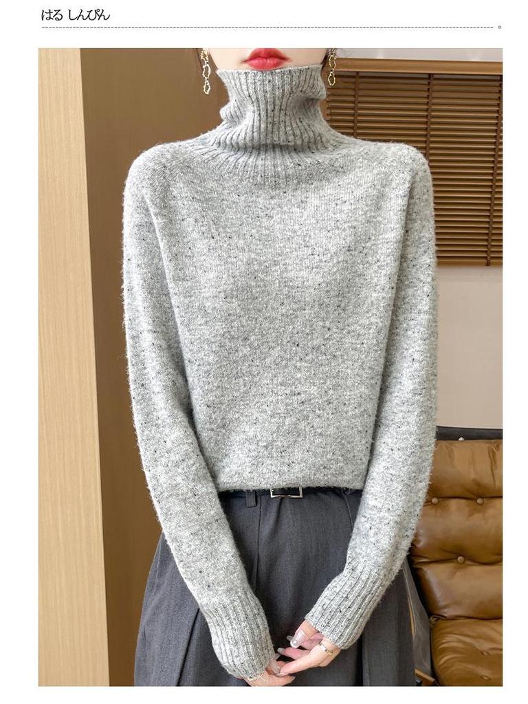 Damski sweter z wysokim dekoltem, o luźnym kroju, wykonany w 100% z wełny - Gruby, wszechstronny dziergany pulower na jesień i zimę