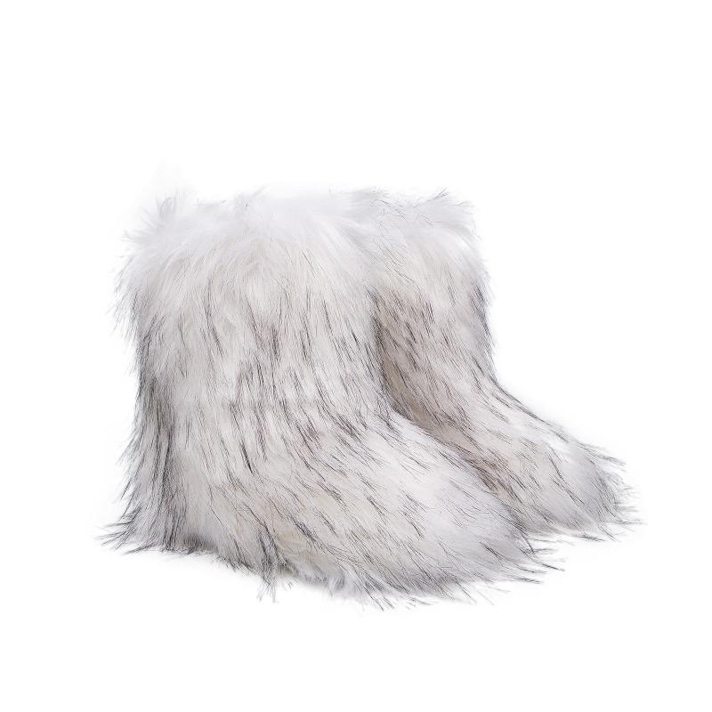 Flat heel high top warm winter furry boots deep mouth round head medium tube imitation fox fur snow boots women