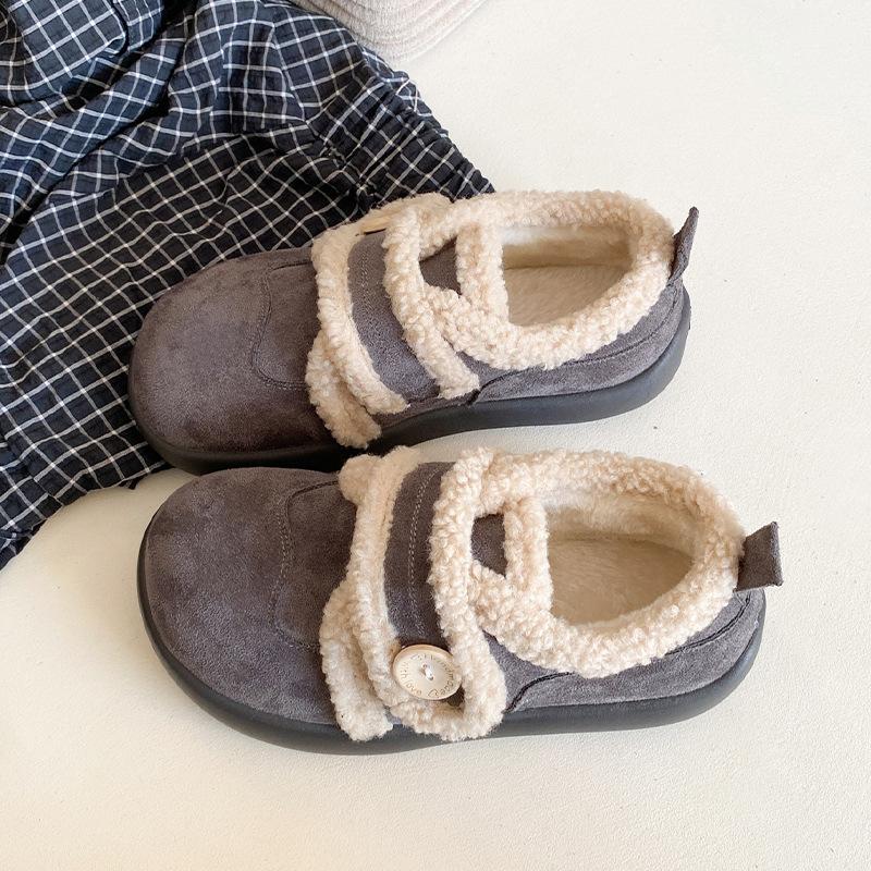 Klettverschluss bequeme Einzelschuhe Pendeln flachsohlig flauschige Schuhe Herbst und Winter modisch Retro dicksohlig flache Öffnung rutschfest Baumwollschuhe