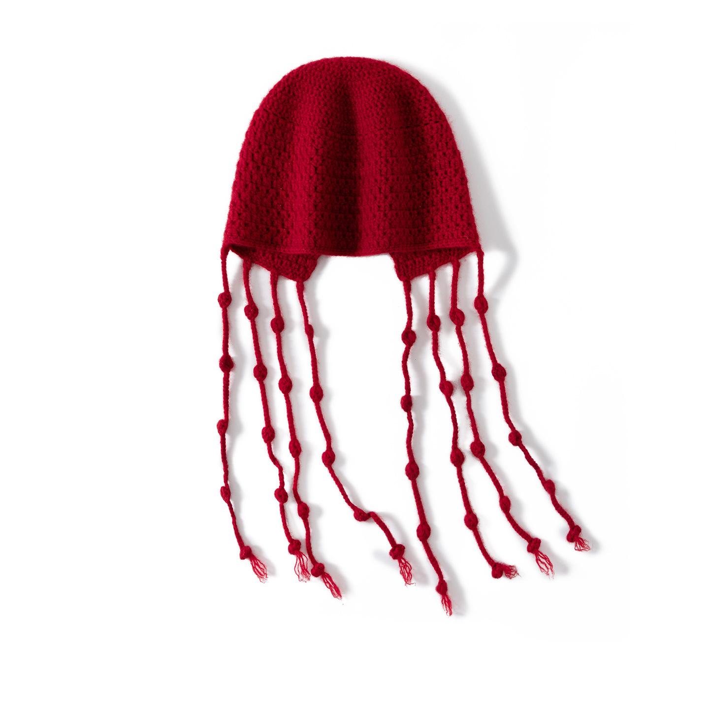 Women s 100% Pure Cashmere Tassel Knit Beanie Hat One Size красный