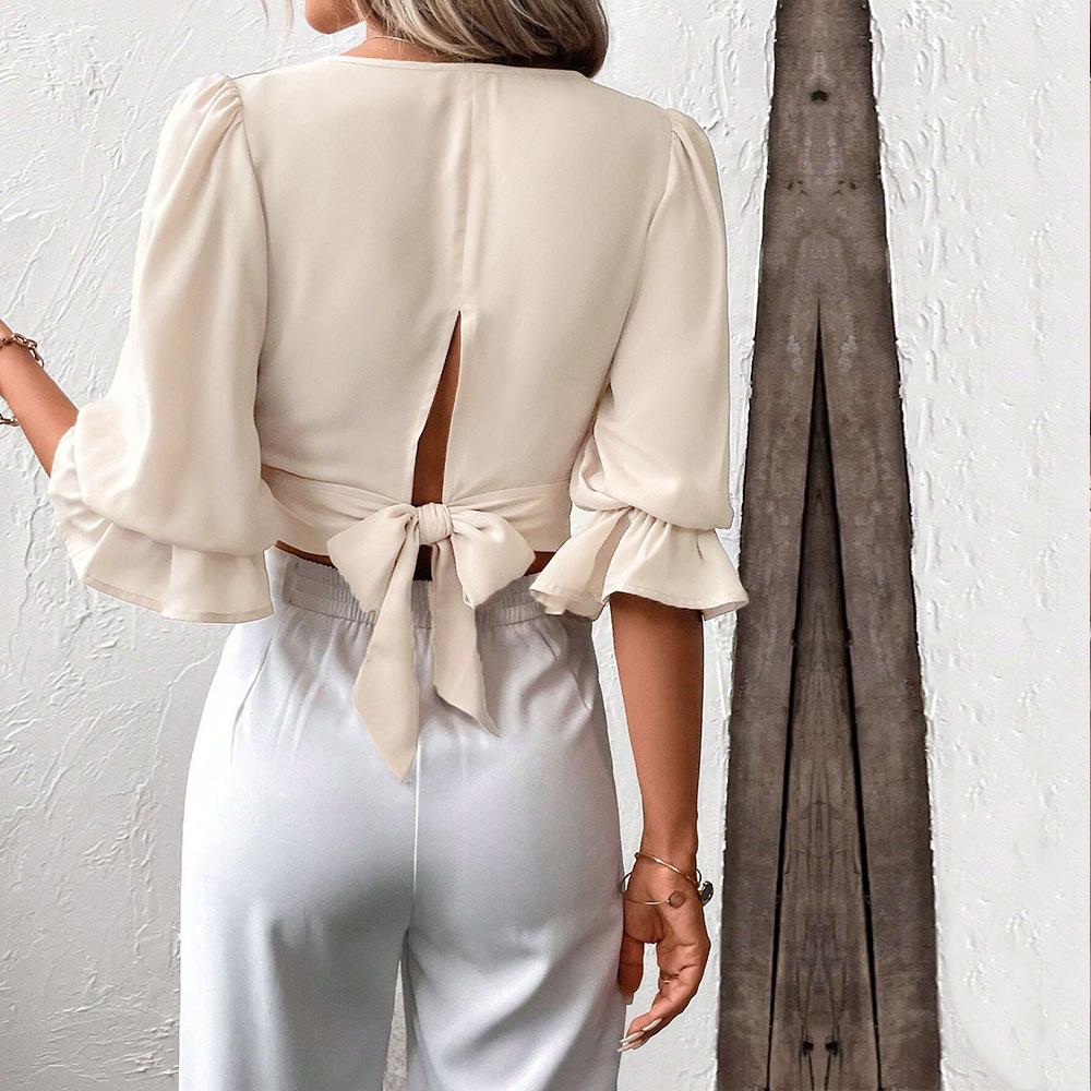 Camicie e Bluse Casual Estive da Donna HNXC, Colore Unico, Stampa, Manica Lunga, Scollo a V