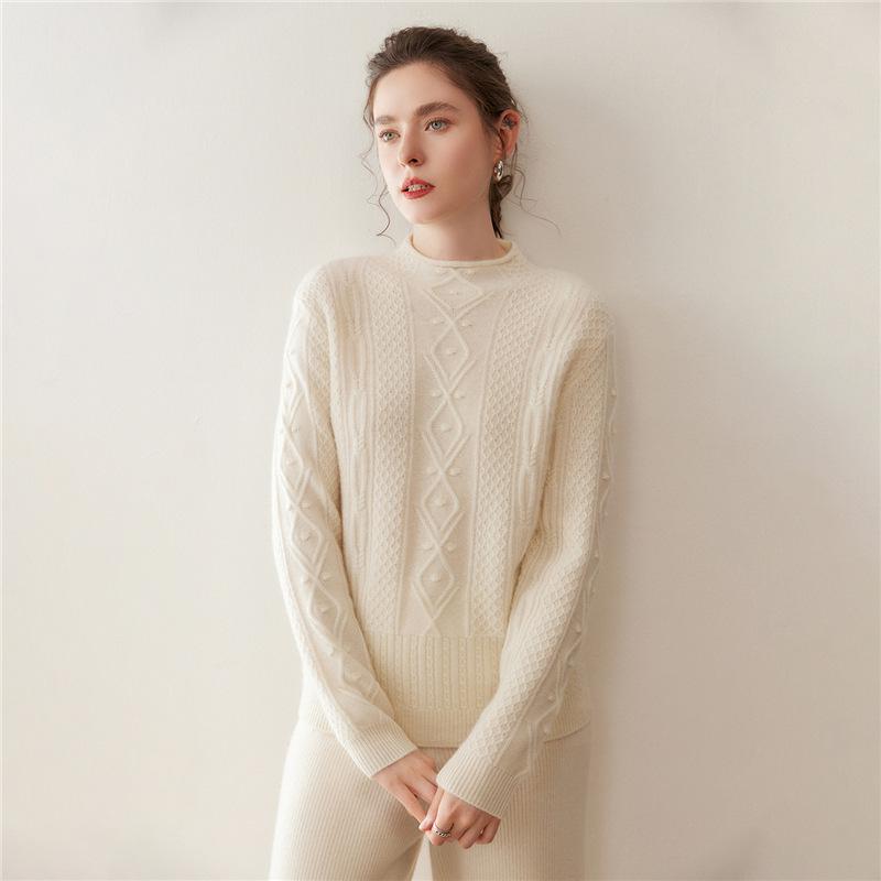 Women's Cashmere Sweater: Autumn/Winter Rolled Edge Half-High Neck, 3D Cable Knit, Super Thick, Soft, Skin-Friendly Long Sleeve.