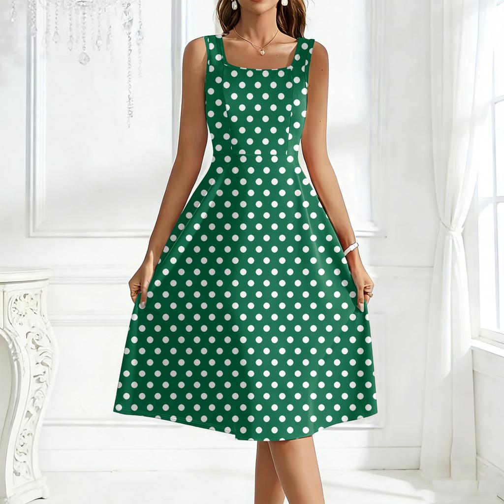 Women's Square-Neck Sleeveless Polka Dot Maxi Dress
