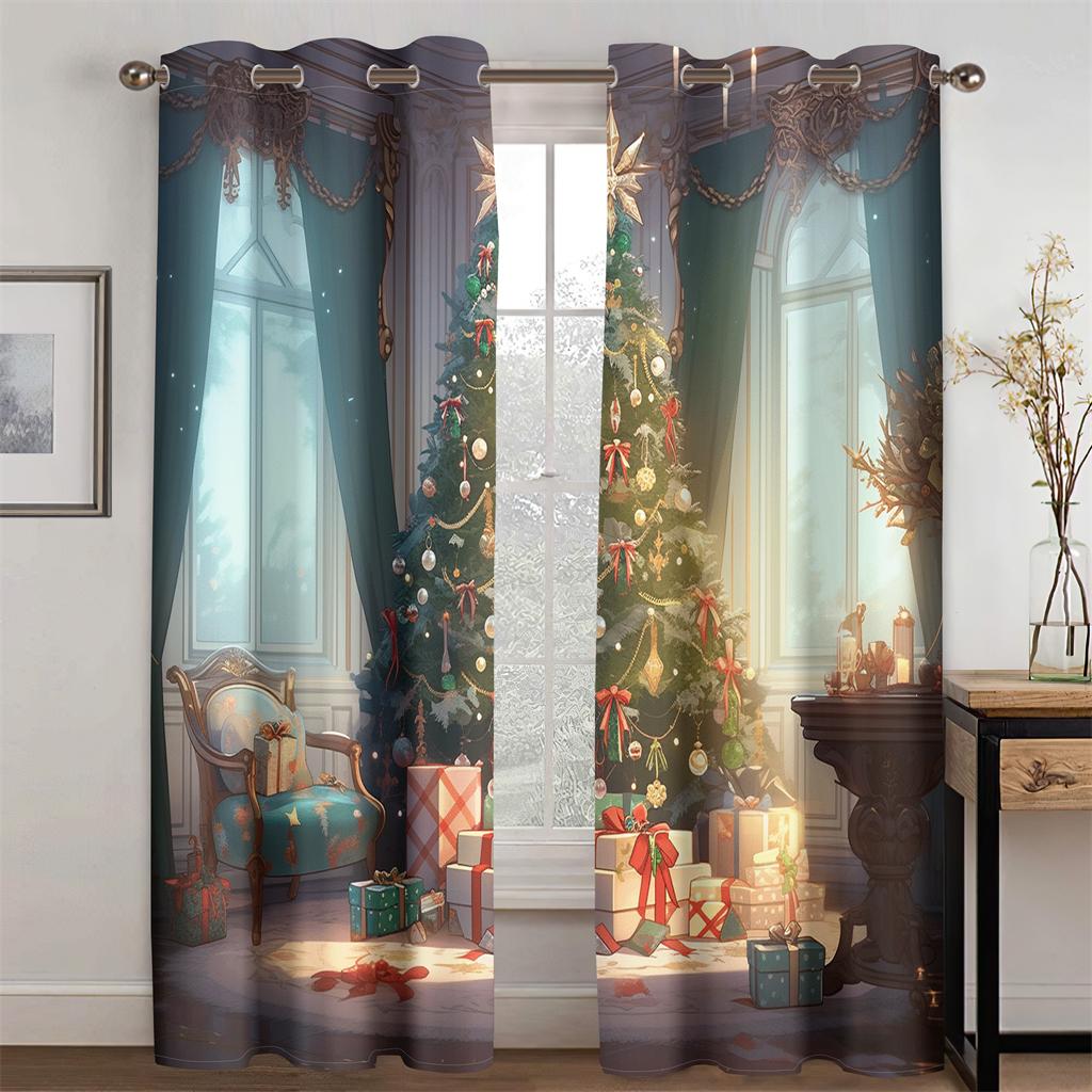 Cartoon Forest Christmas Cottage Curtains Fine Christmas Tree Fit Children's Room Living Room Bedroom Kitchen 2 Pcs