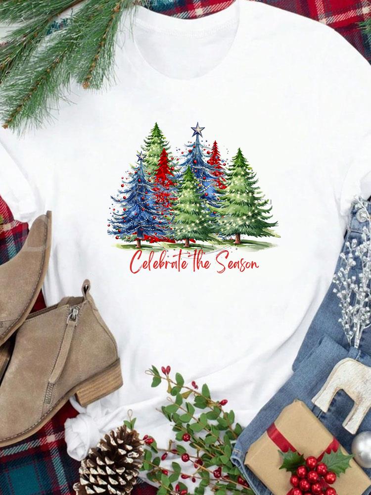 (Asian Size) Tee New Year Holiday tree cute 90s Merry Christmas Top festival Casual Women Print Lady Short Sleeve Fashion Graphic T-shirts