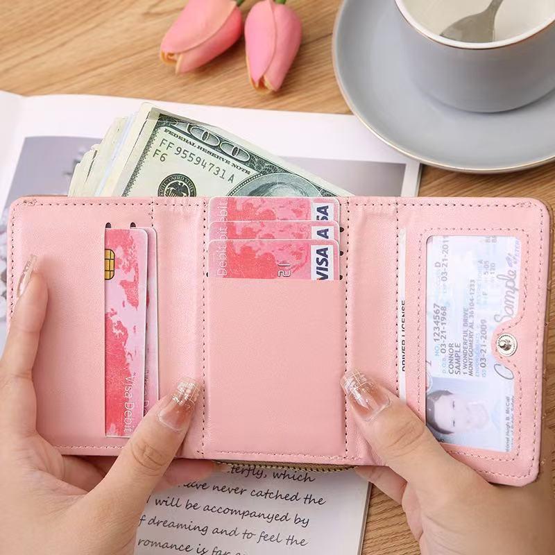 Women'S Wallet Tri Fold Card Bag Pu Multi Objects Pocket Short  Embroidered Love Pattern Korean Minimalist