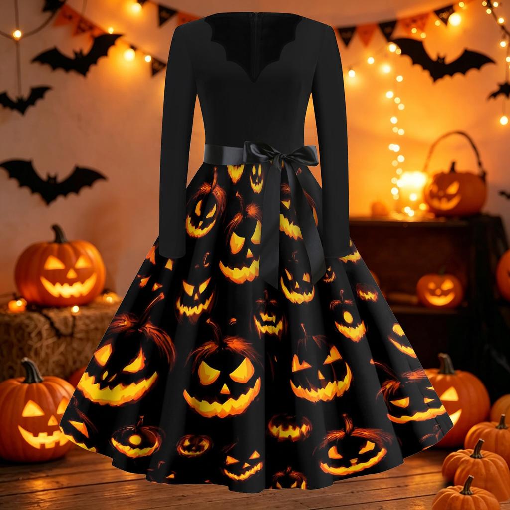 Women's Casual Halloween Print V Neck Retro Dress Long Sleeve Fit and Flare Midi Dress with Waist Tie Vintage Style