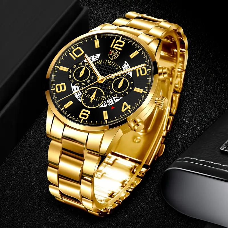 3pcs/set, 1pc Fashion Men's Casual Round Pointer Stainless Steel Quartz Watch & 1pc Bracelet & 1pc Necklace