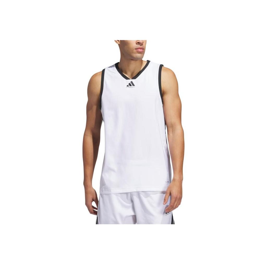 adidas Dettaglio Logo Scollo a V Senza Maniche Canotta da Basket Uomo top Bianco JN0337