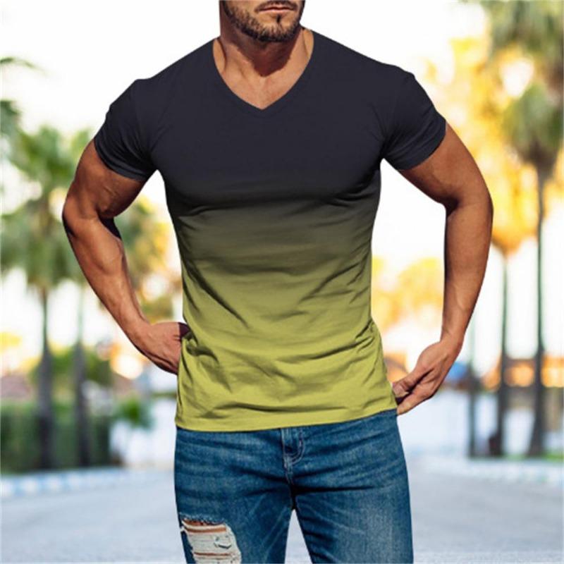 Herren Casual Sports T-Shirt Europäische und amerikanische Sommermode Revers 3D Farbverlauf Kurzarm Rundhals T-Shirt Männer