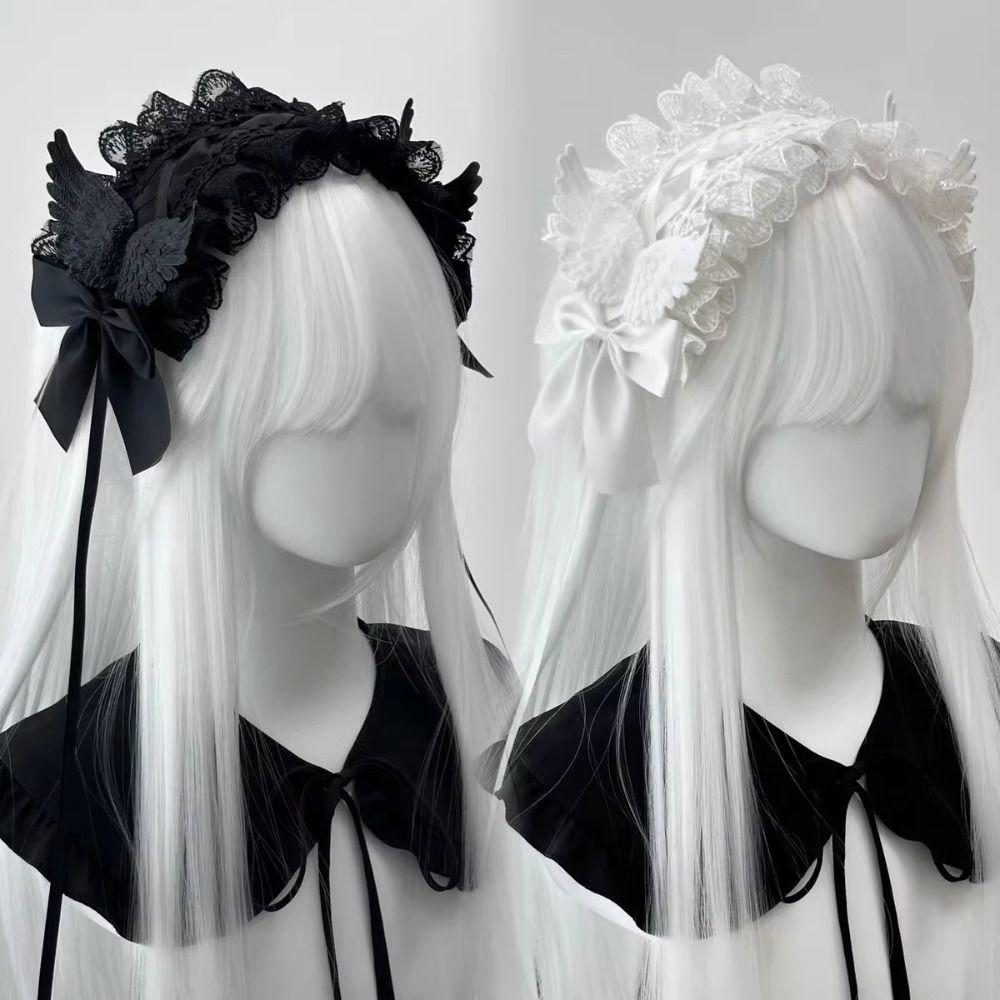 Y2k Cosplay Headdress Rivet Lolita Hair Clip Sweet Lolita Wings Lace Headband Daily