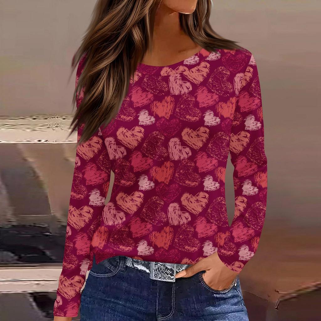 Women's Fashion Casual Slit Hem Round Neck Long Sleeve Loose Printed T-Shirt Ladies Top