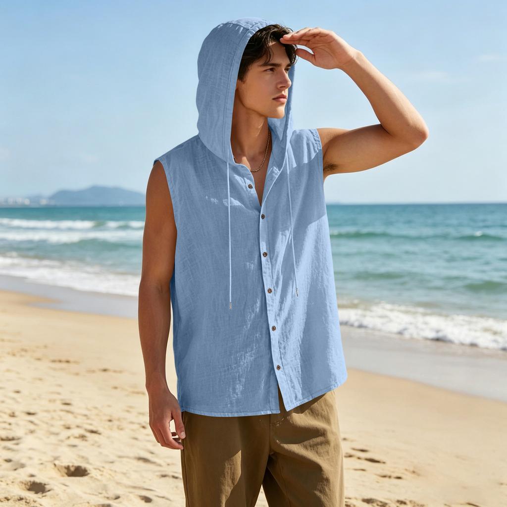 Mens Sleeveless Linen Hooded Shirt Button Down Breathable Relaxed Fit Casual Vest Top Lightweight Summer Apparel