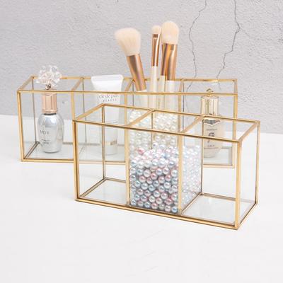 Premium Glass Makeup Brush Organizer with Gold Rim Cosmetic Brush Holder for Lipstick Eyeliners Waterproof Dustproof Storage Box
