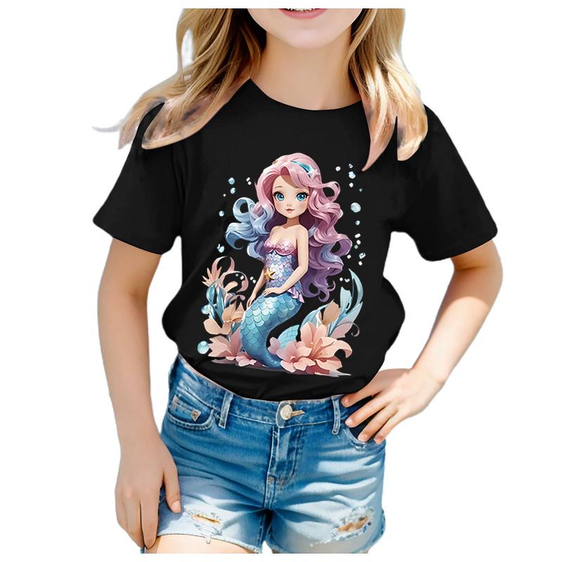 Girls Adorable Mermaid Princess Print Tshirt Summer CrewNeck ShortSleeved Soft Polyester Fabric Kids Top Clothing