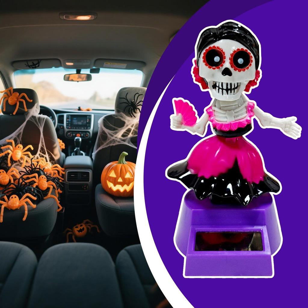 Skeleton Car Decor Car Dashboard Decorations Solar-Powered Shaking Head Ornament For Desktop Interior Home Men Women Inside
