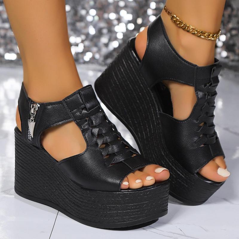 Fashion Women Gold Wedges Sandals Pu Leather Platform Thick Sole Sandals For Women High Heels Shoes Open Toe Med Heel Summer Beach Shoes