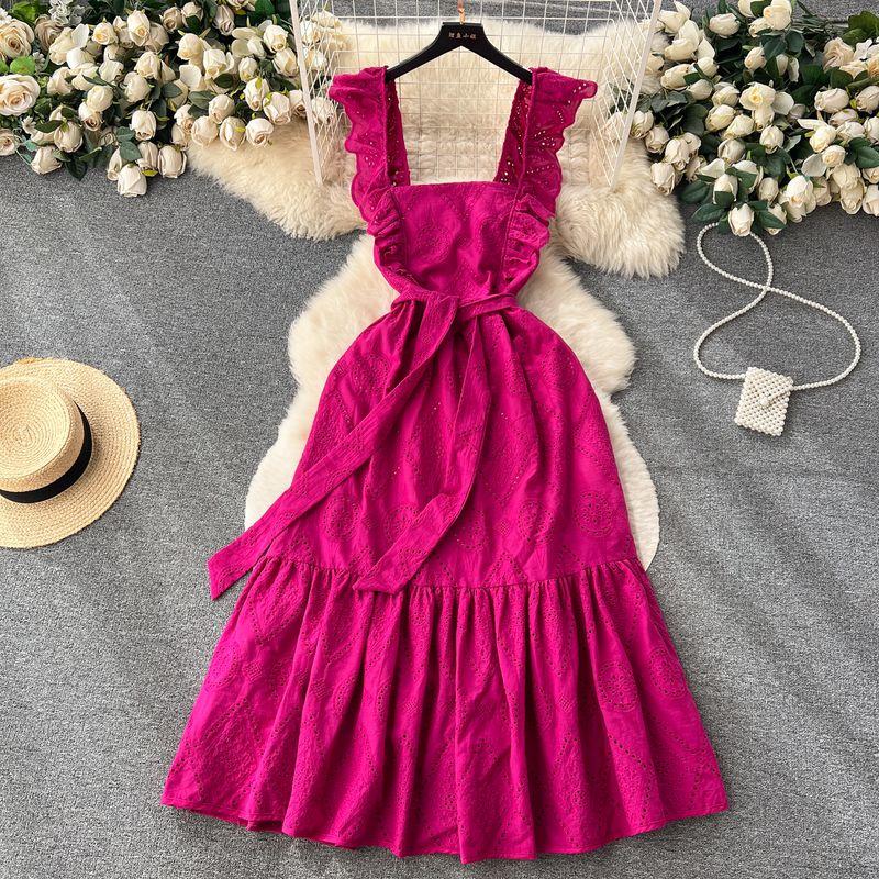 

Flying Sleeve Cut Out Embroidered Stylish Slip Dress Rose Red L