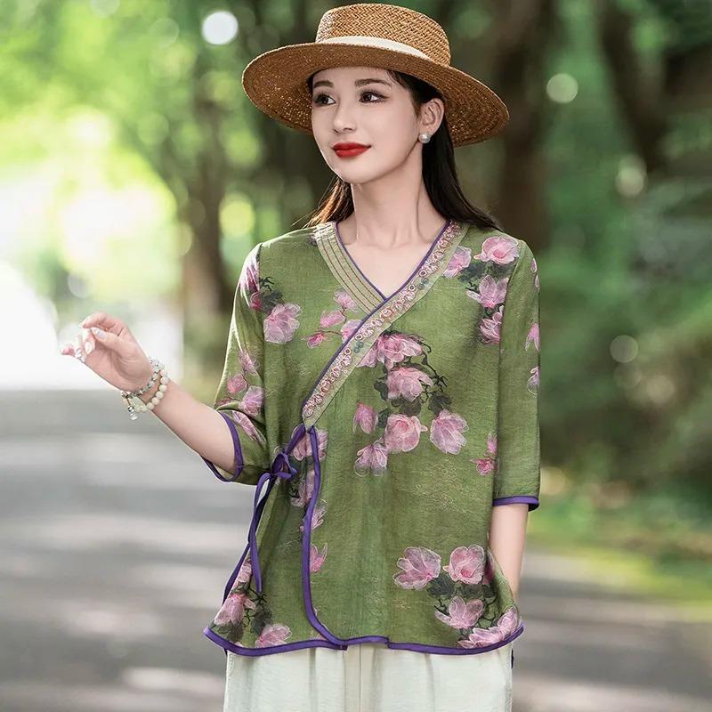 Women's Orange Floral Print Wrap Blouse with Frog Buttons Contrast Trim 3/4 Sleeve Top