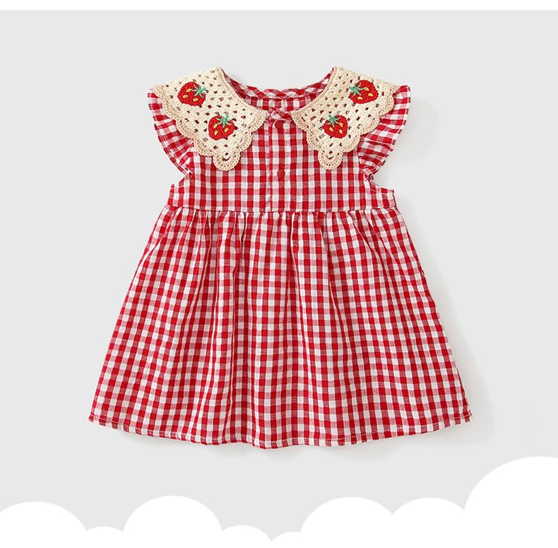 Baby Koi Collared Summer Outfit for Photo Strawberry Check Size 90cm Girls' Long-Sleeved Short-Sleeved Dress, Girls, Birthday, Kindergarten, Gift,