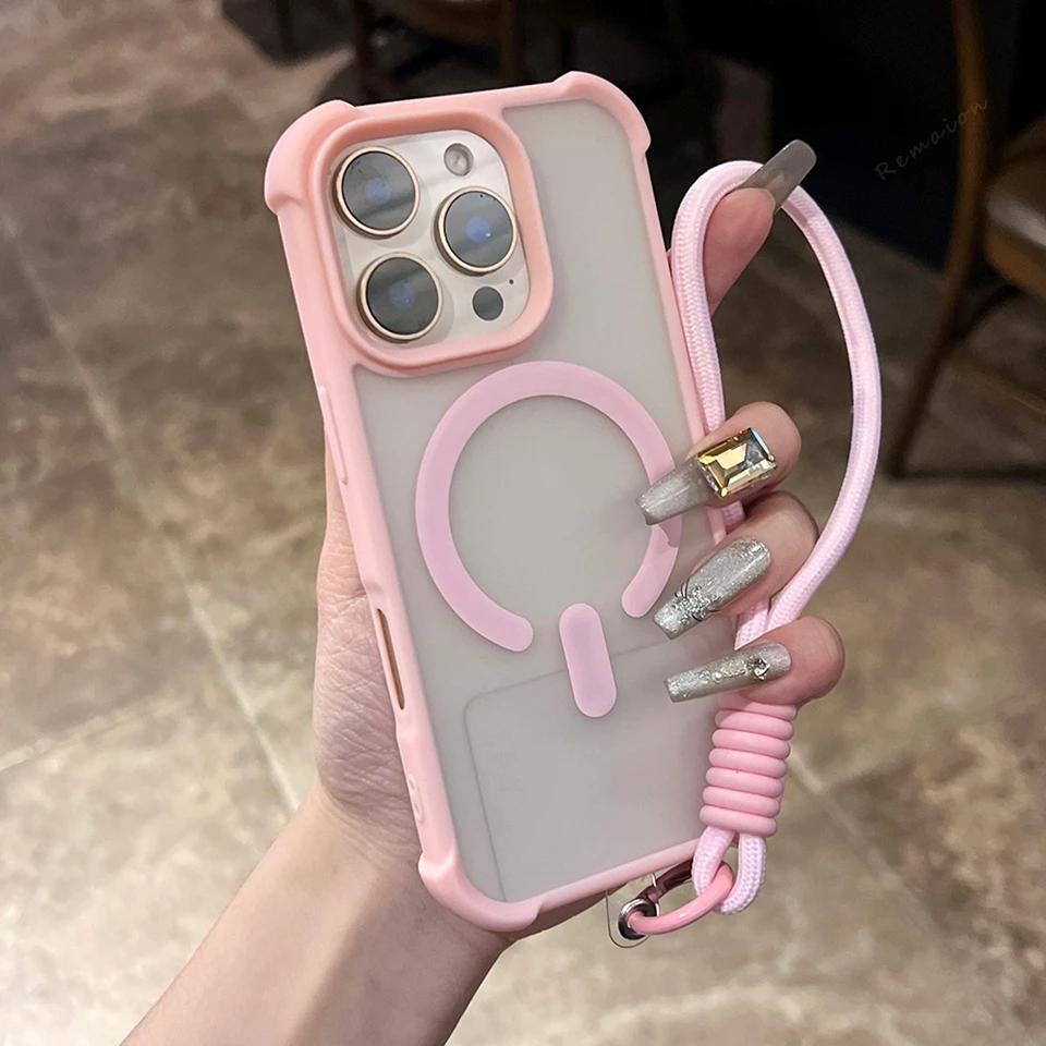Phone Case For iPhone 16E 15 14 16 Plus 11 12 13 16 Pro Max Magnetic Wrist Strap Magsafe Lanyard Protector Shockproof Cover