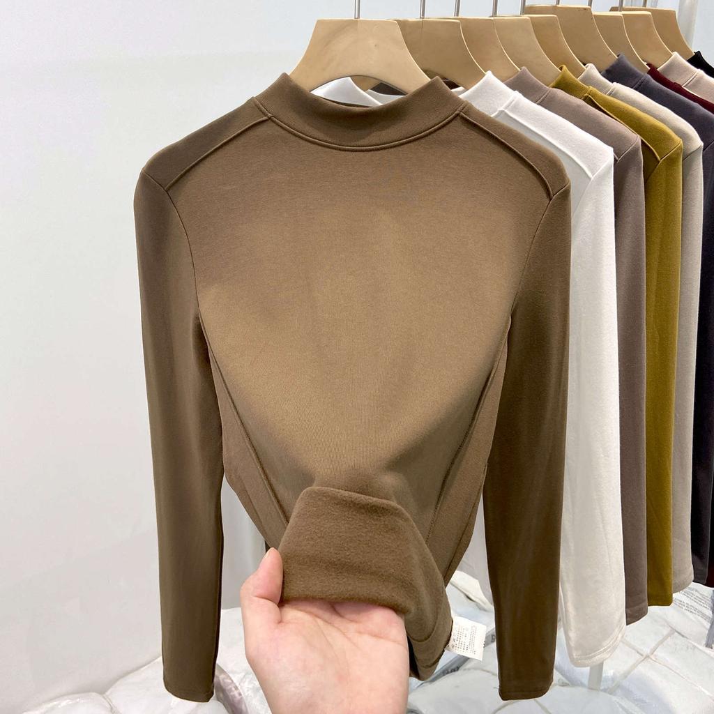 Fleece polished small stand-up neck bottoming shirt women's spring fishbone front shoulder slim-fitting long-sleeved T-shirt with top inside