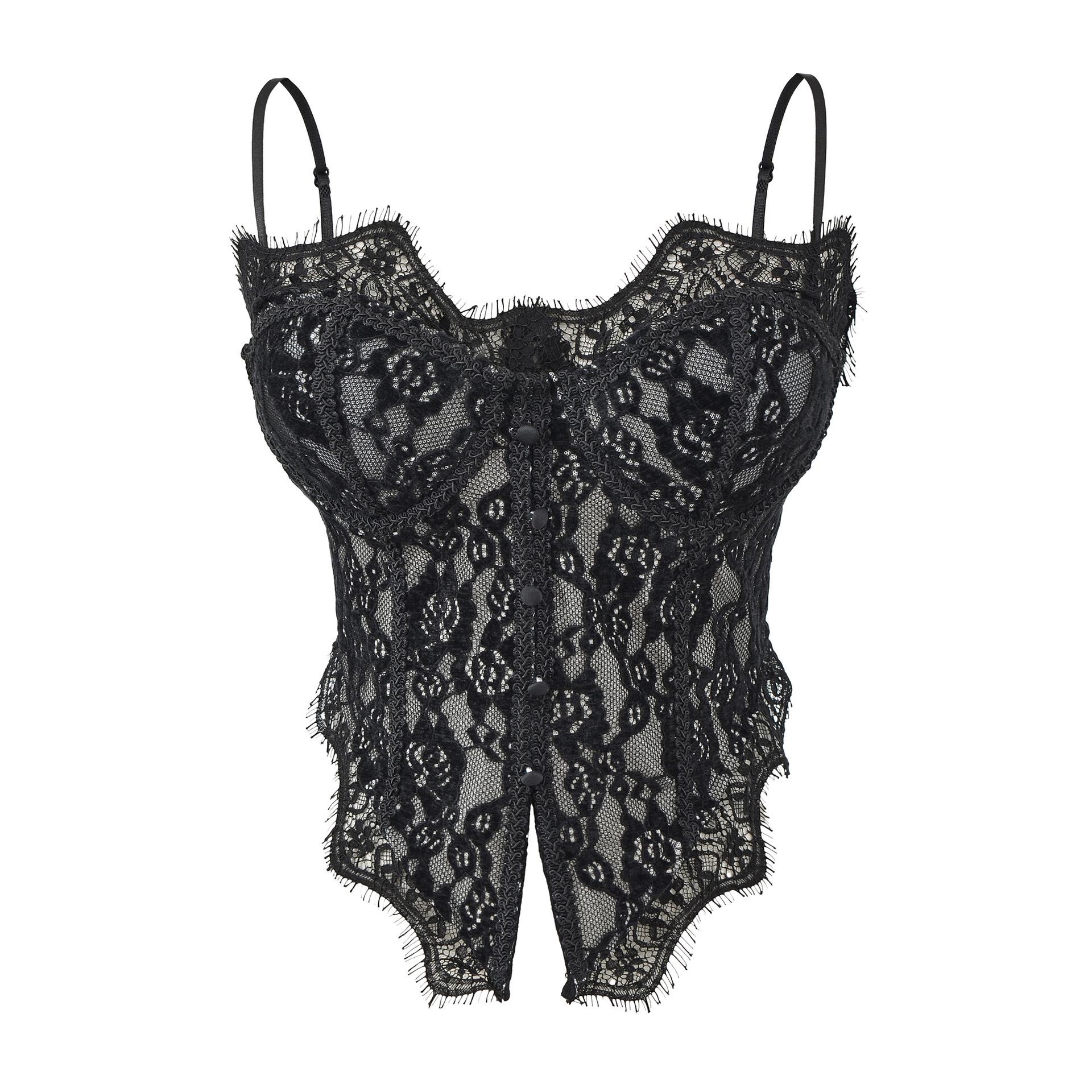 Pure Desire Sexy Lace Button-Up Camisole: Waist-Cinched Slimming Bra Top for Women One Size чёрный