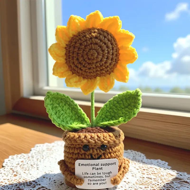 

Handmade Crochet Sunflower Emotional Support Plant Desktop Ornament Adorable Potted Flower Decor with Inspirational Notes Gift