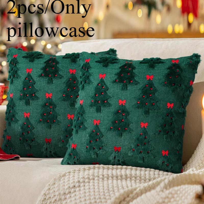 2pcs/set Christmas Bow Embroidered Pillow Covers Polyester Flannel Tree Design Sofa Cushion Festive Party Decor Only Pillowcase
