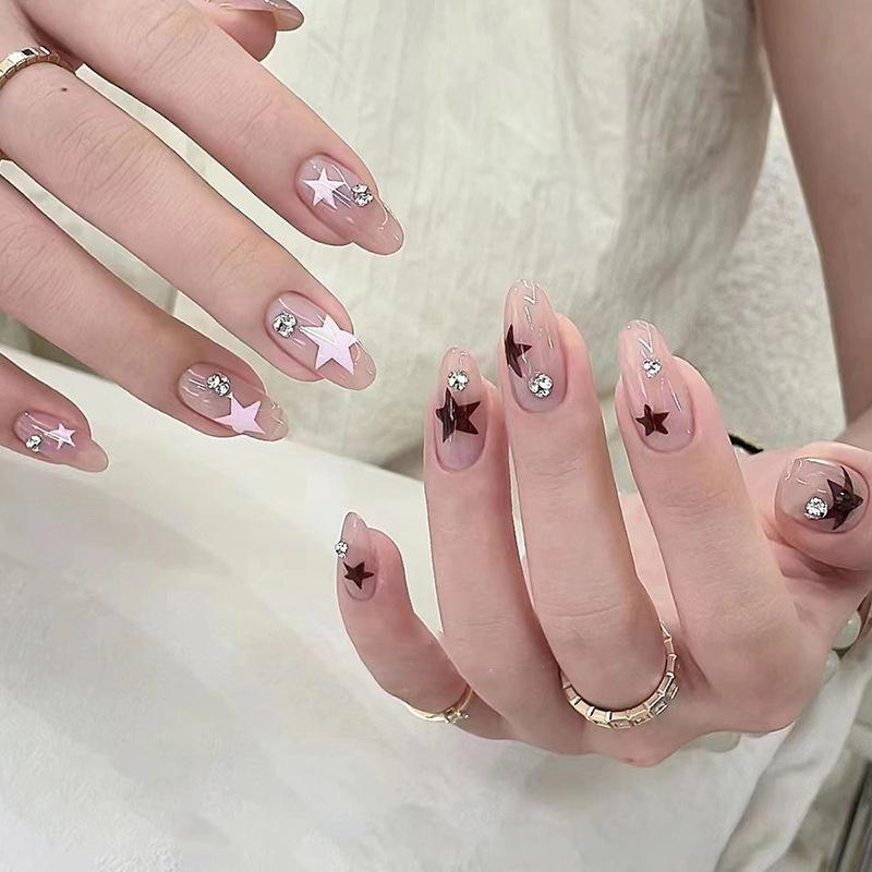 Oval Double Color Pretty Girl Star Pile Diamond Manicure European and American Ins Style Fashion Wear Nail Finished Nail Art