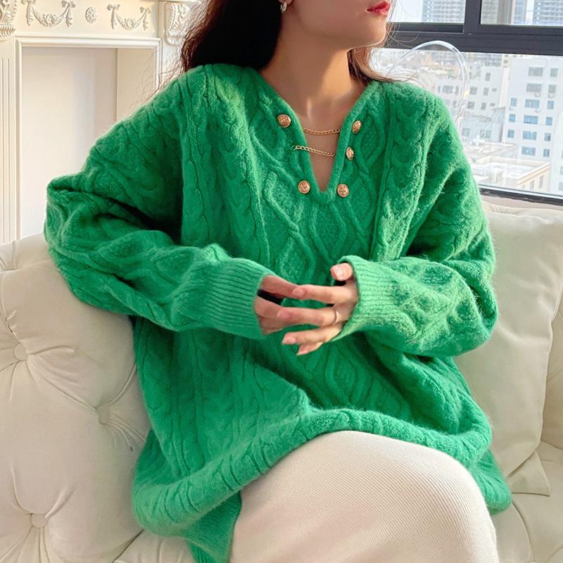 V-neck Twist Sweater Women In The Long Section of The Fall and Winter Loose Lazy Wind Gentle Pullover Knitted Tops