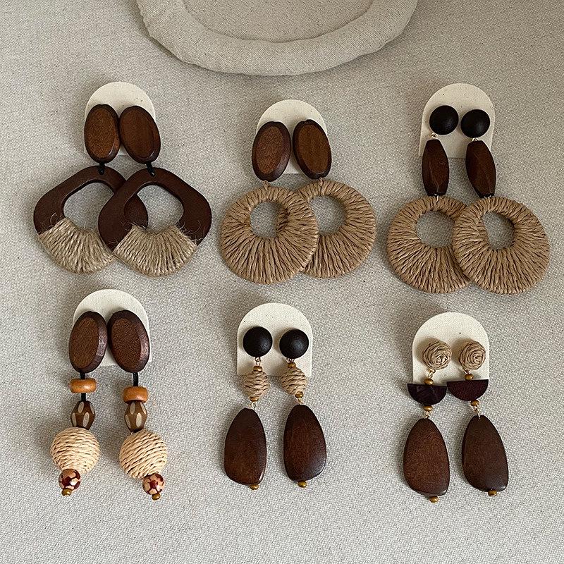 Bohemian Retro Straw Woven Wooden Stud Earrings Collection: Vacation Style Fashion Trend Jewelry