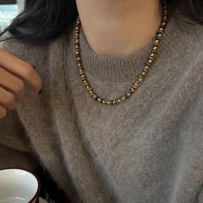 Fashion Round Tiger Eye Stone Necklace Artificial Glass Retro Chain Choker Maillard Stackable Neck Jewelry Accessories for Women