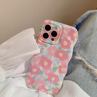 Oil Painting Girl Pink Flowers Iphone15 Apple 14promax Mobile Phone Case Wave Edge 13 Silicone 16 Suitable