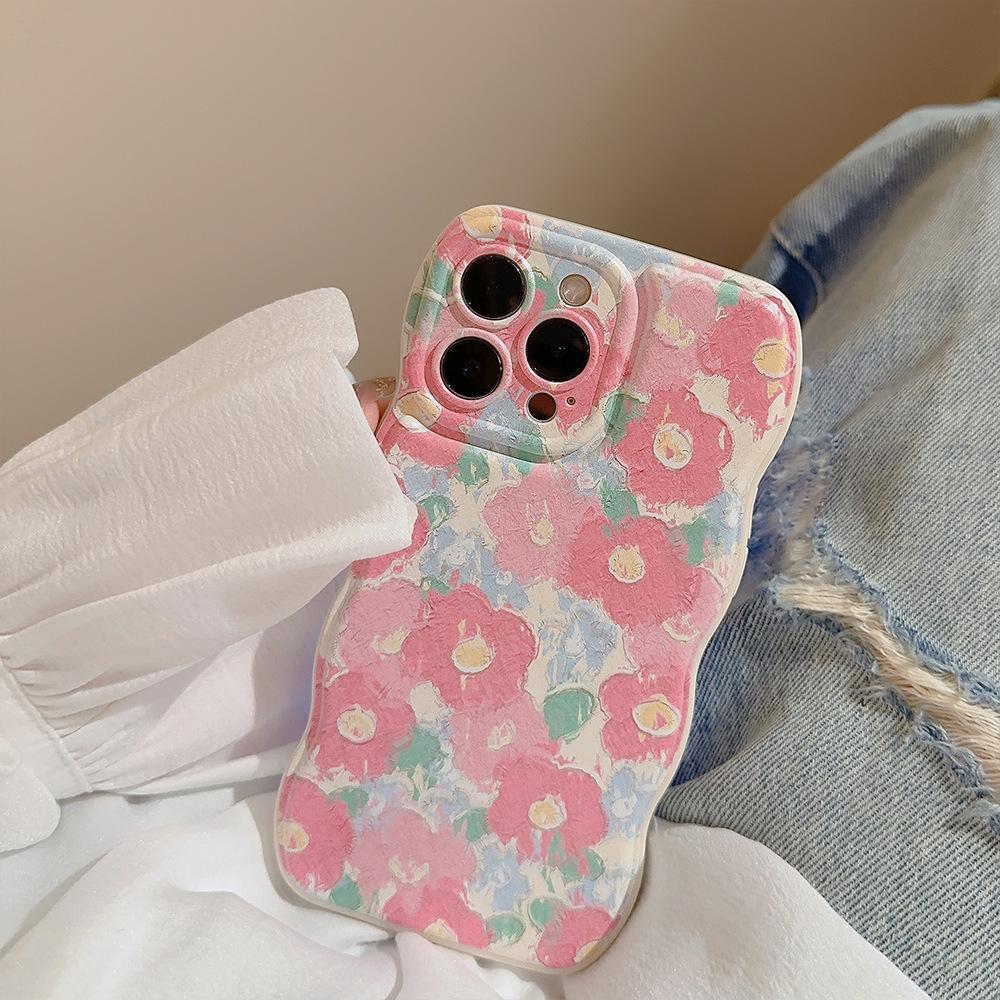 Oil Painting Girl Pink Flowers for IPhone15 for Apple 17promax Mobile Phone Case Wavy Edge 13 Silicone 16 for 11