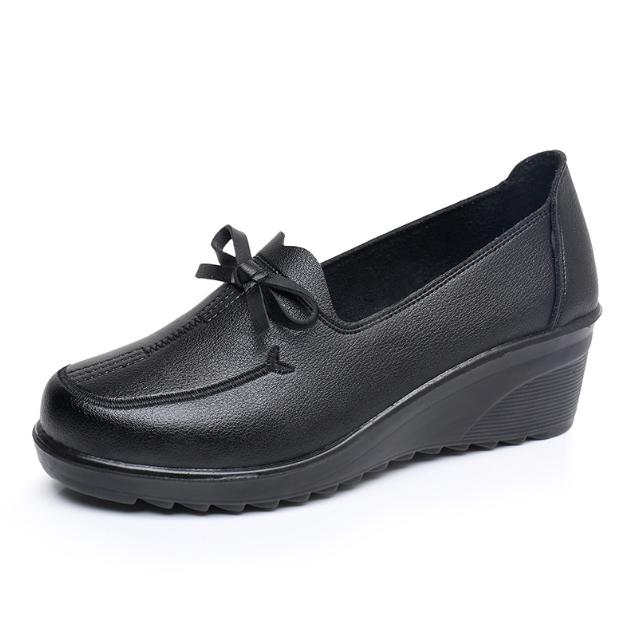 Spring Autumn Fashion Women's Shoes Woman Soft Leather Wedge Single Shoes Mother High Heels Comfort Black Work Shoes