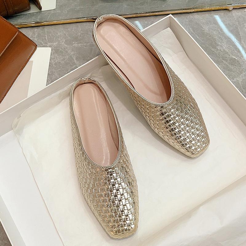 2025 Spring and Summer New Stone Pattern Solid Color Female Pointed Head Thin Heel Medium Heel Slippers High Heel Bag Head Half Drag Outer Wear Female