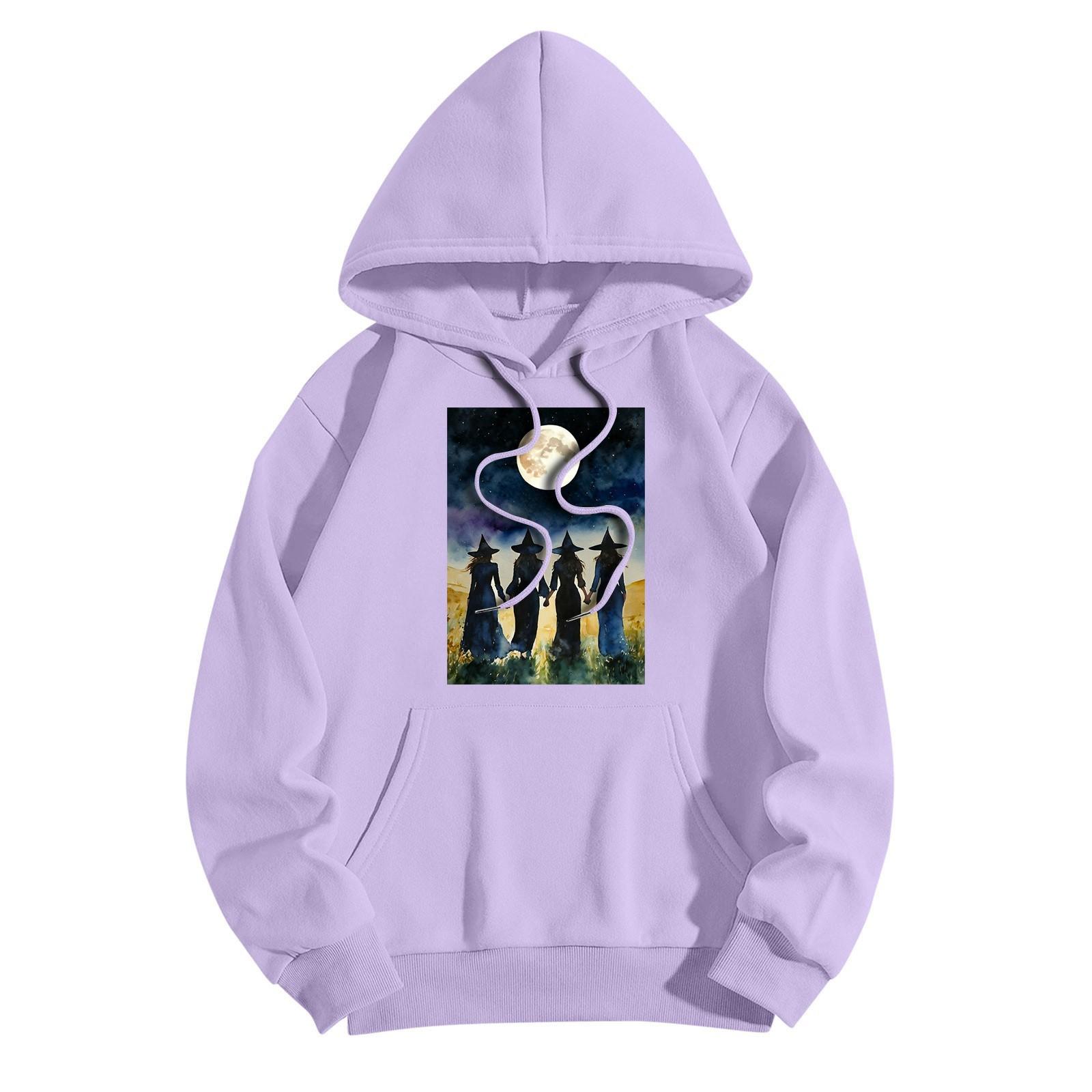 

Жіноча модна повсякденна толстовка з капюшоном і кишенями з принтом Хеллоуїн і відьма, з довгими рукавами XL фіолетовий