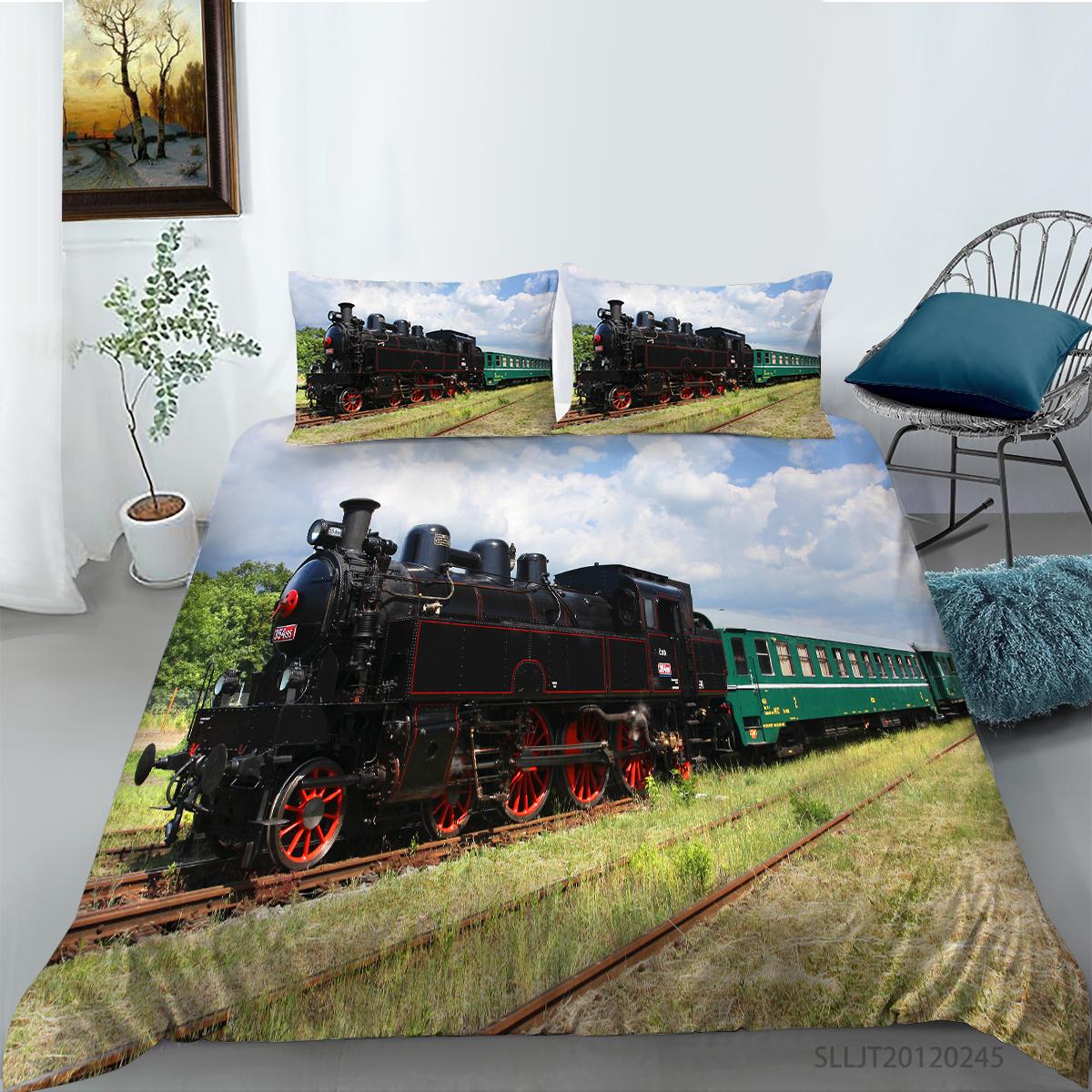 

Набір постільної білизни серії 3D Classic Train. Вінтажна транспортна ковдра та наволочка з 2/3 предметів. Повнорозмірна прикраса для дому AU/DE/US/UK/EU EU Single 135x200cm