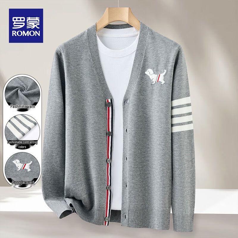 

Romon Men s Pashmina Yarn Puppy Jacquard Knitted Cardigan 2XL