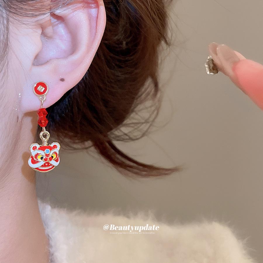 Silver Needle Chinese Lion Fortune Drop Earrings: New Year Festive High-End Dangle Earrings for Women