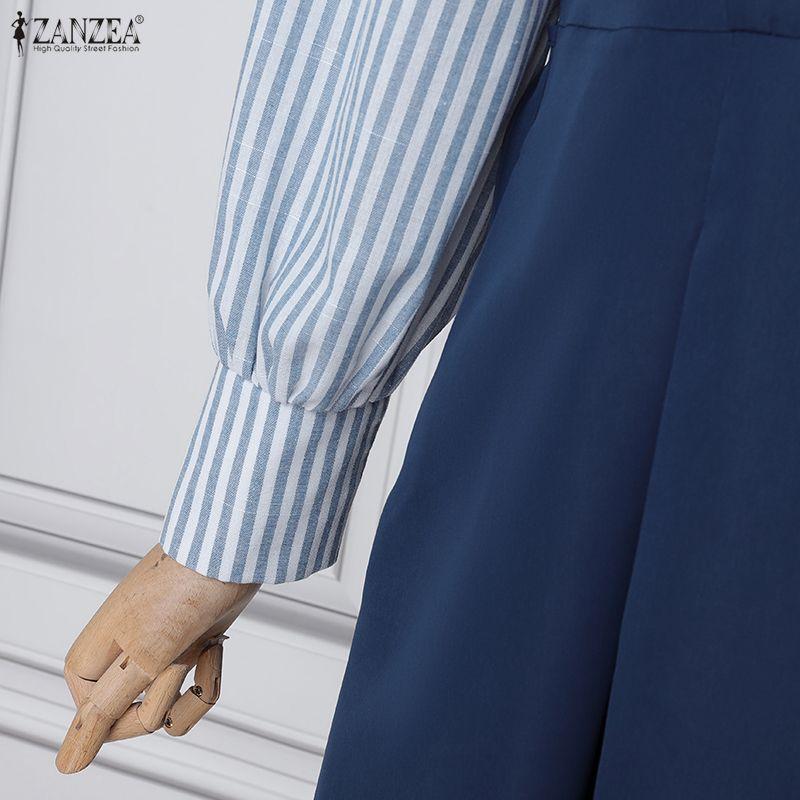 ZANZEA Women Casual Stripe Patchwork Turn Down Collar Long Sleeve Dress