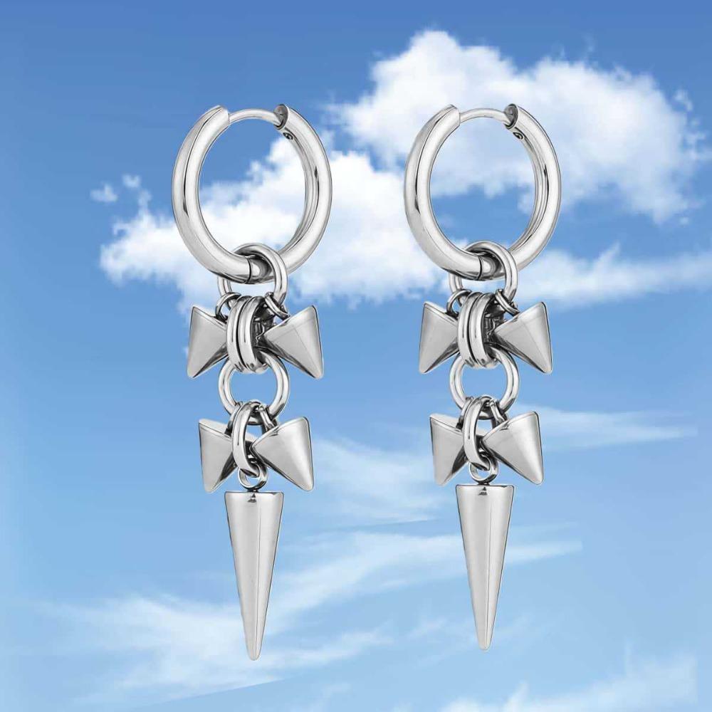 Creative Personality Sliver Color Stainless Steel Rivet Cone Pendant Hoop Earrings for Men Women Hip-hop Rock Earrings Jewelry