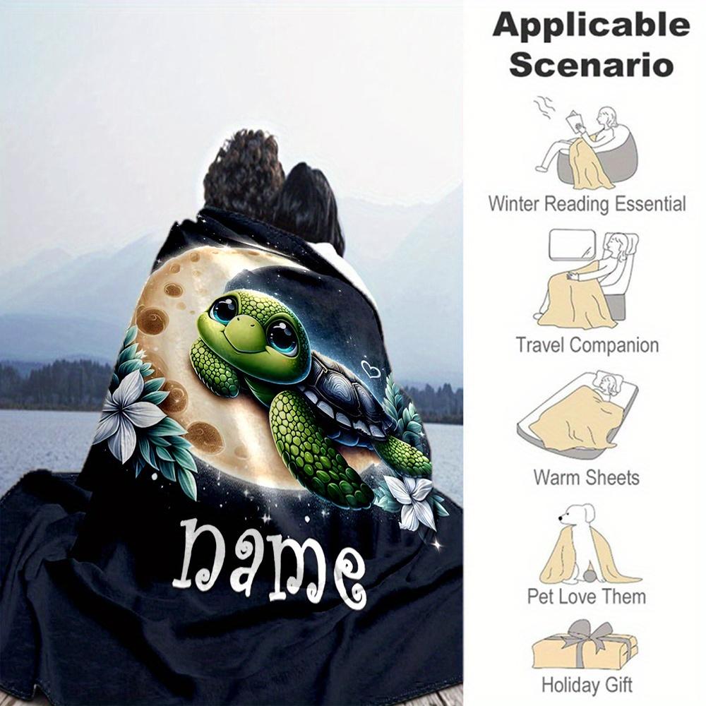 Customizable Turtle & Moon Design Flannel Blanket - Personalized Name, All-Season Thick Knit, Machine Washable, Travel & Outdoor