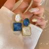 Blue and White Square Asymmetrical Earrings New Minimalist Temperament Earrings Women's Versatile Earrings