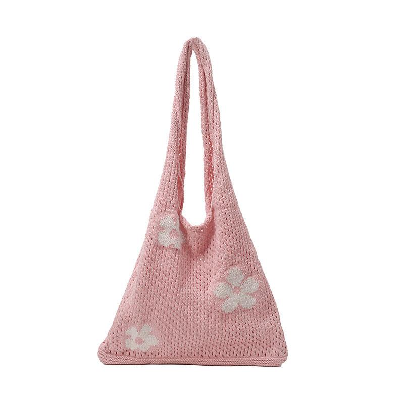 Flower Hollowed Knitting Tote Bag Large Capacity Casual Womens Shoulder Bag For Daily Use