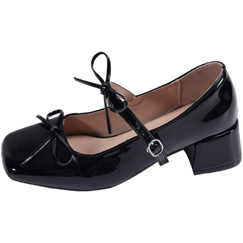 Bow silver French ballet Jane women's shoes single shoes women's thick heels high heels versatile temperament with skirt small leather shoes