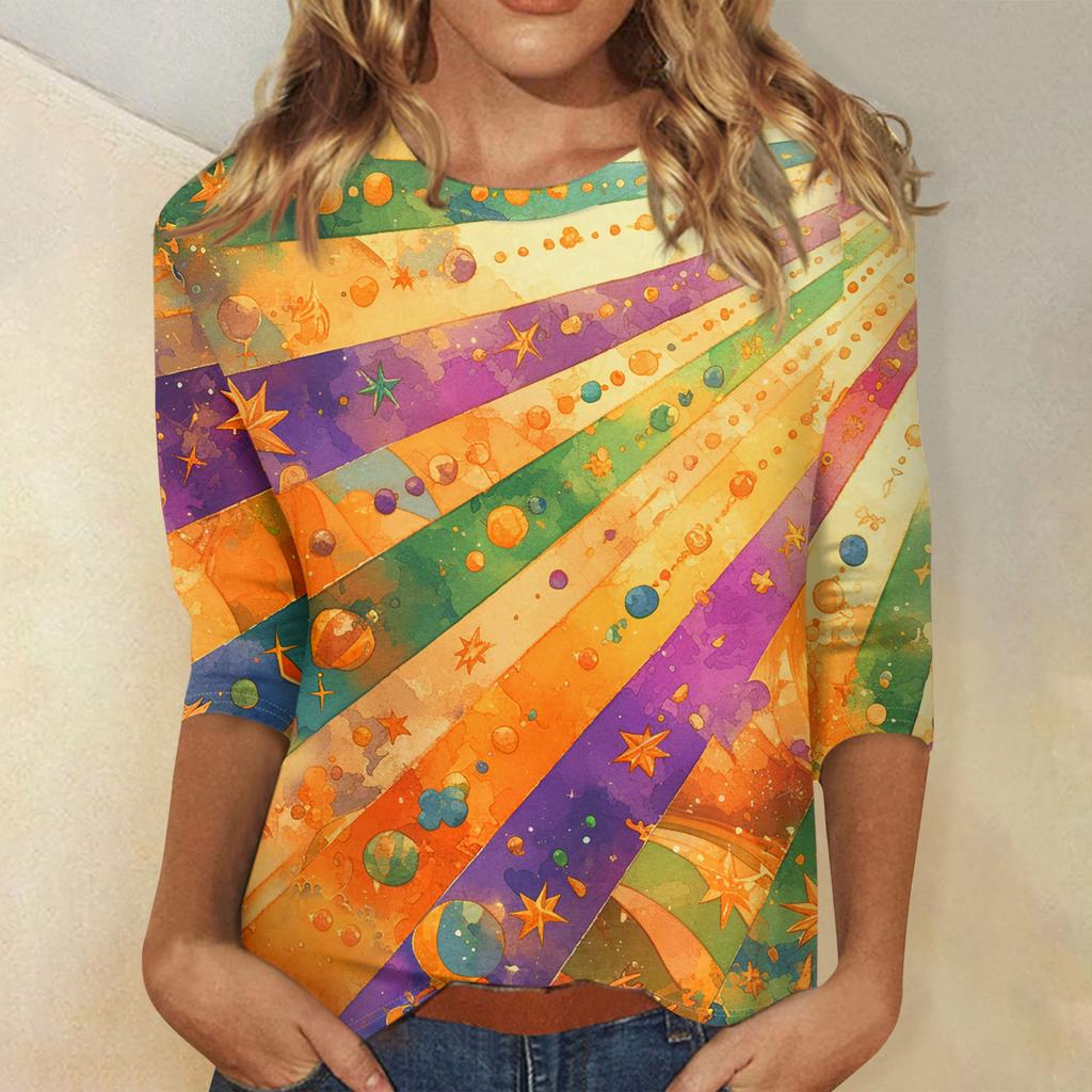 Ladies' Carnival Printed Fashionable Casual Seven Sleeve Round Neck Top