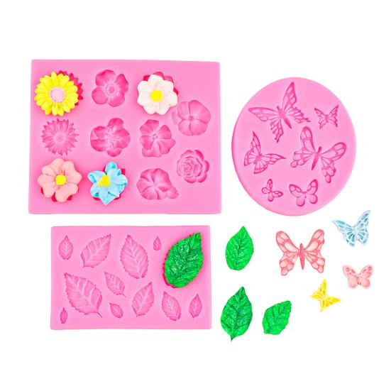 Yousheng 3Pcs Flower Leaf Butterfly Silicone Mold for Cake Decorating DIY Chocolate Candy Fondant Craft Baking Mold Flexible Easy Release Jelly
