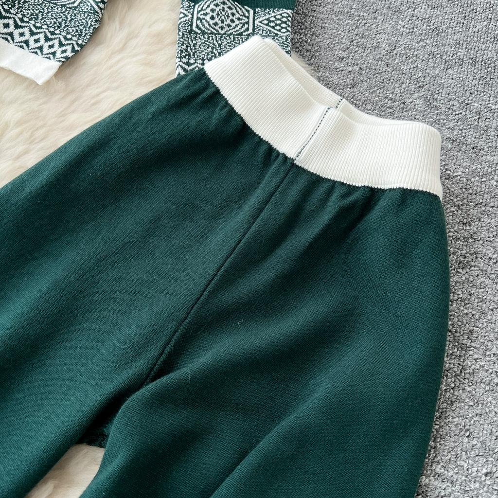 Autumn Winter Women Vintage Jacquard Knitted Sweater Trouser Two Piece Set Full Sleeve Pullover Tops and Wide Leg Pant Tracksuit